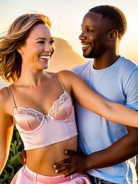 Black man enthusiastically lusts after woman in pink lingerie at sunset over Cape Towns mountainside
